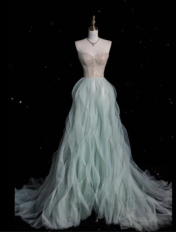Grün wunderschöne elegante Vintage-Mode exquisite Perlen A-Linie Schatz Tüll bodenlangen formelle Abendkleid Ballkleid nv3858