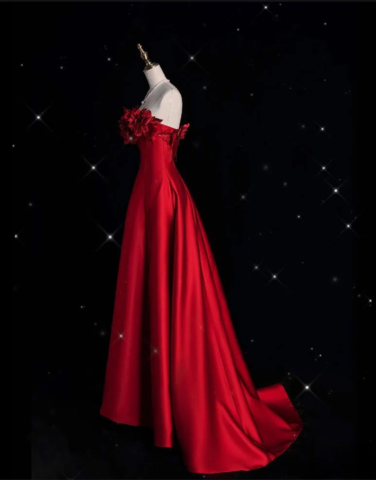 Hübsches A-Linien-Trägerloses Satin-Lang-Rot-Ballkleid Abendkleid Formales Kleid nv4234