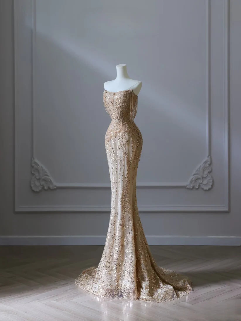 Gold Hübsches Meerjungfrau-Kleid, schulterfrei, langes, mit Perlen besetztes Ballkleid mit Pailletten, formelles Abendkleid, NV4112