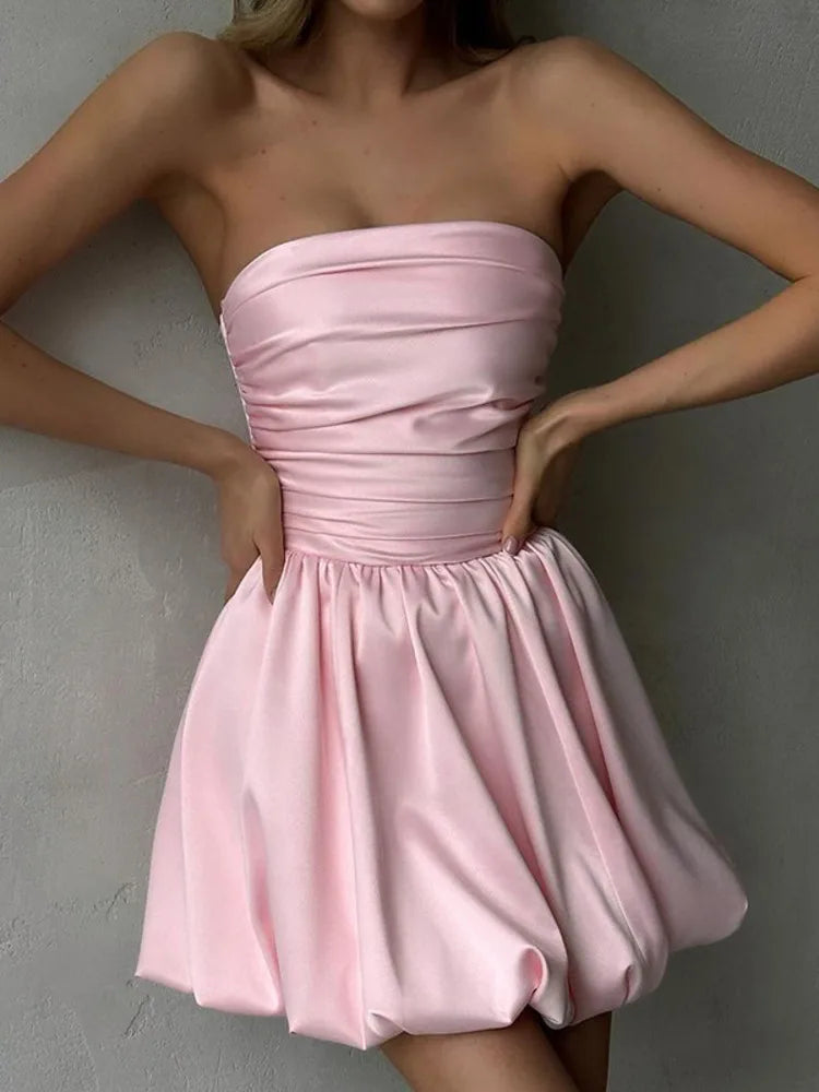 Robe de soirée trapèze en satin plissé sans manches, élégante et simple, rose, à épaules dénudées, robe de bal, robe de soirée, nv1841