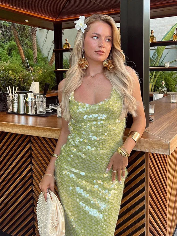 Grünes, modisches, elegantes, langes, mit Pailletten besetztes Ballkleid mit Hosenträgern, Geburtstags-, Cocktail- und Partykleid, Abendkleid, Ballkleid, NV3959