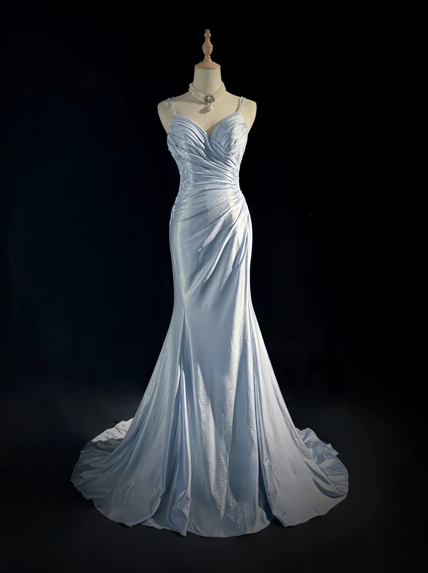 Blaues Ballkleid, elegantes Spaghettiträger-Ballkleid, plissiert, herzförmiger Ausschnitt, sexy, rückenfrei, Fischschwanz, Promi-Party, Abendkleid, NV4153