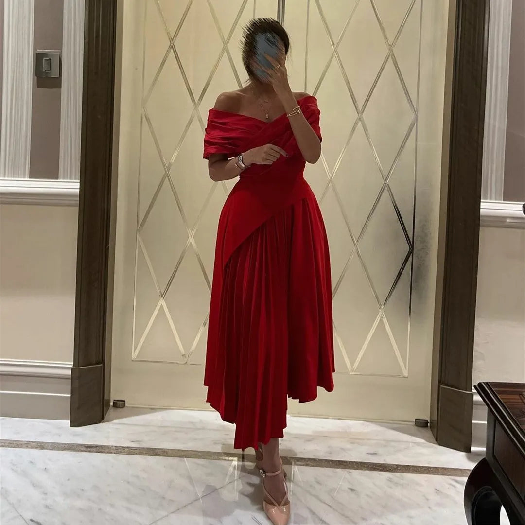 Rotes A-Linien-Abendkleid aus Chiffon mit schulterfreien Rüschen und Ballkleid, Partykleid, Geburtstagskleid, nv2197
