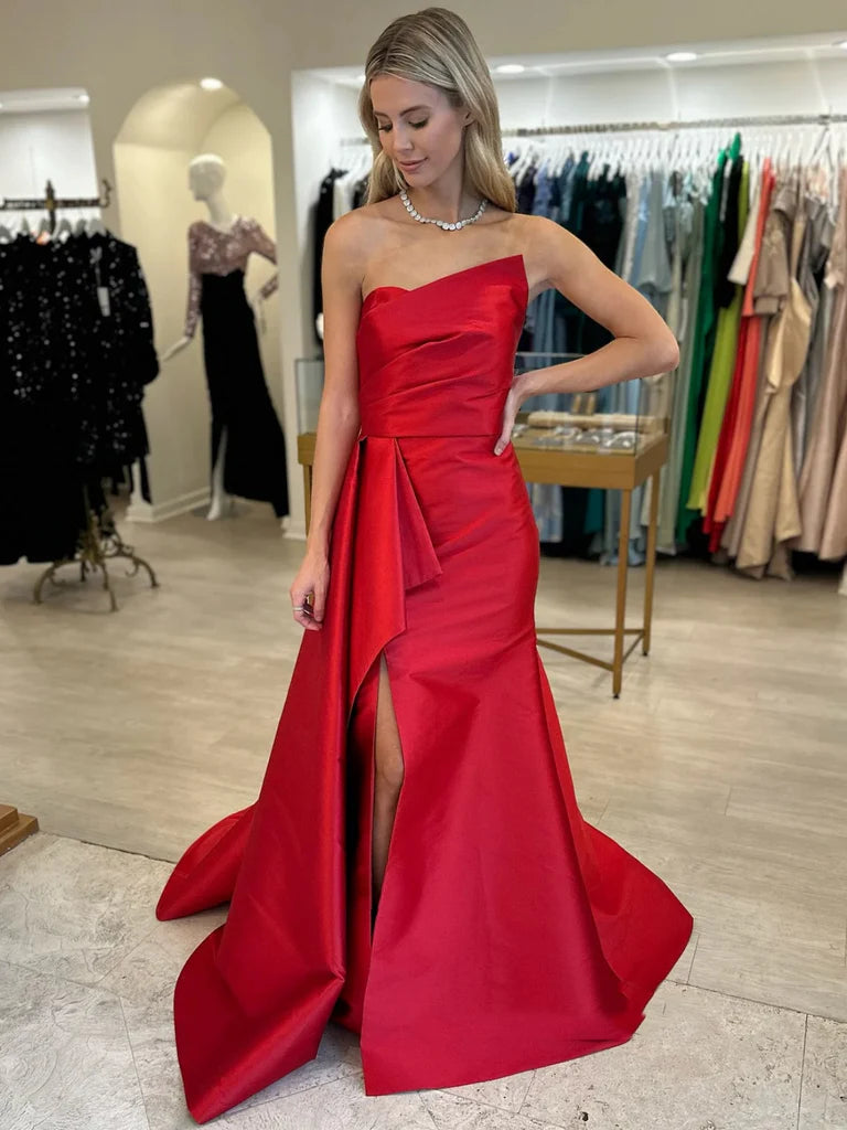 Trägerloses, langes, rotes Meerjungfrauen-Ballkleid mit hohem Schlitz, rote Abendkleider im Meerjungfrauen-Stil, rote Abendkleider nv1508
