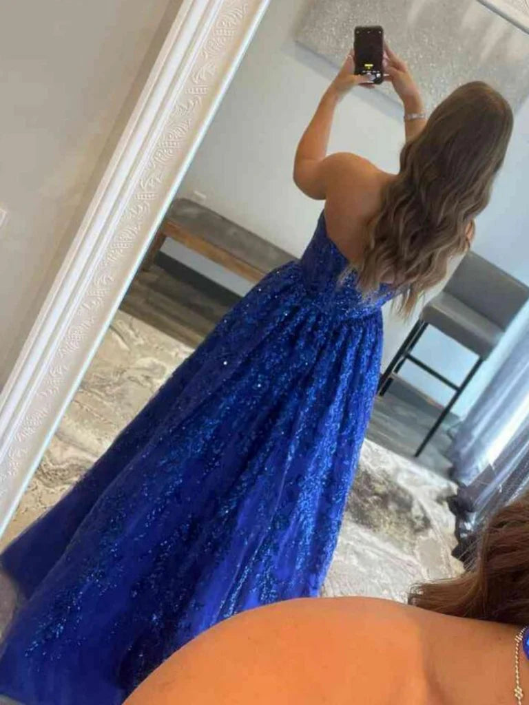 Robe de soirée longue en dentelle bleu marine sans bretelles avec poche nv1558
