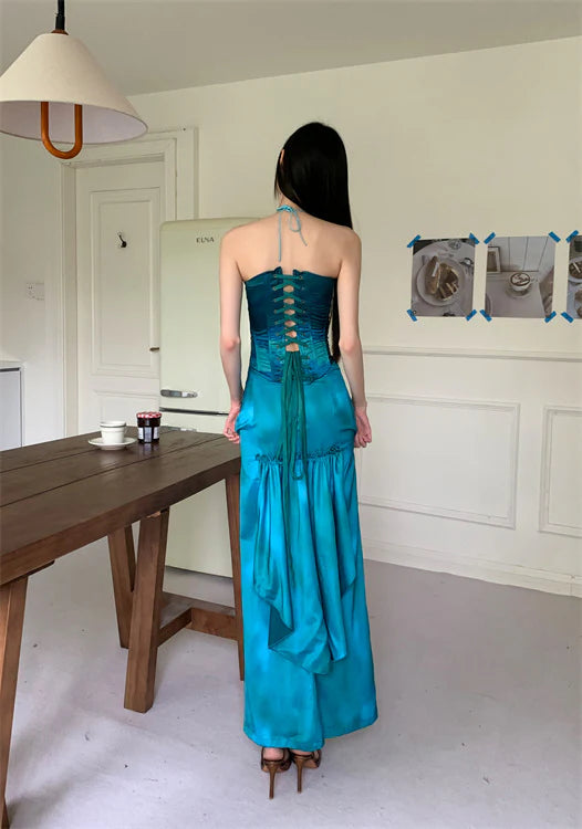 Zweiteiliges, herzförmiges, elegantes, pfauenblaues Satin-Ballkleid, Partykleid, Abendkleid, Anzug, NV1782