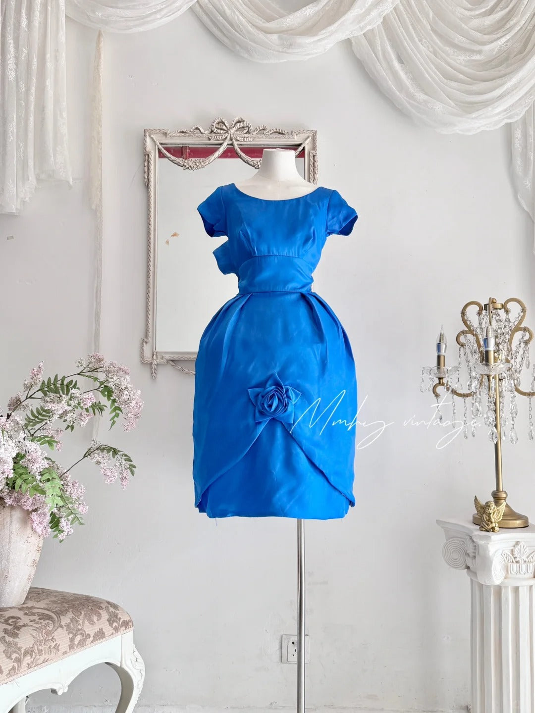 Klein blau Retro Mode elegante Blütenknospe florale Verzierung exquisite Taille sehr taillenbetonendes mittellanges/kurzes Ballkleid Abendkleid Ballkleid nv4085
