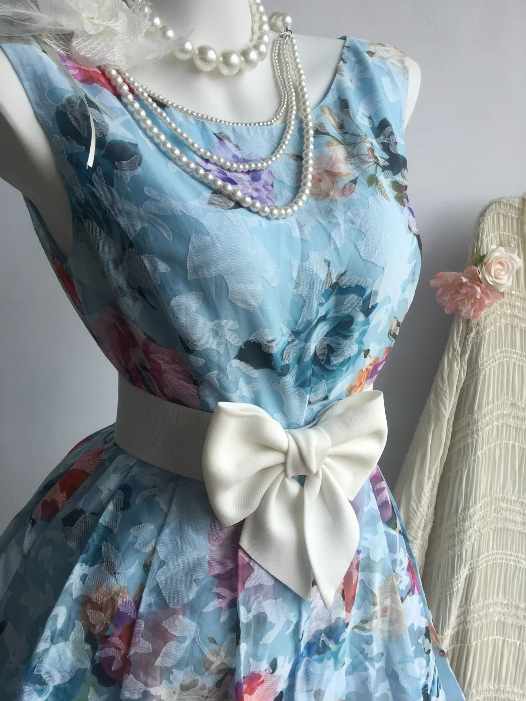 ✨Robe de soirée courte en mousseline de soie à fleurs bleues nv5433