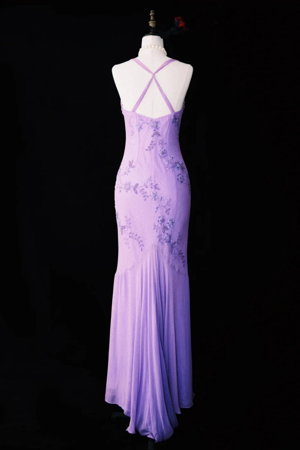 Robe longue en mousseline de soie violette vintage, ornée de perles et confectionnée à la main, NV6609