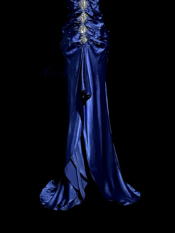 Blaues, exquisites, perlenbesetztes Spaghettiträger-Satin-Langballkleid, Abendkleid, Partykleid, Abschlussballkleid, NV4264