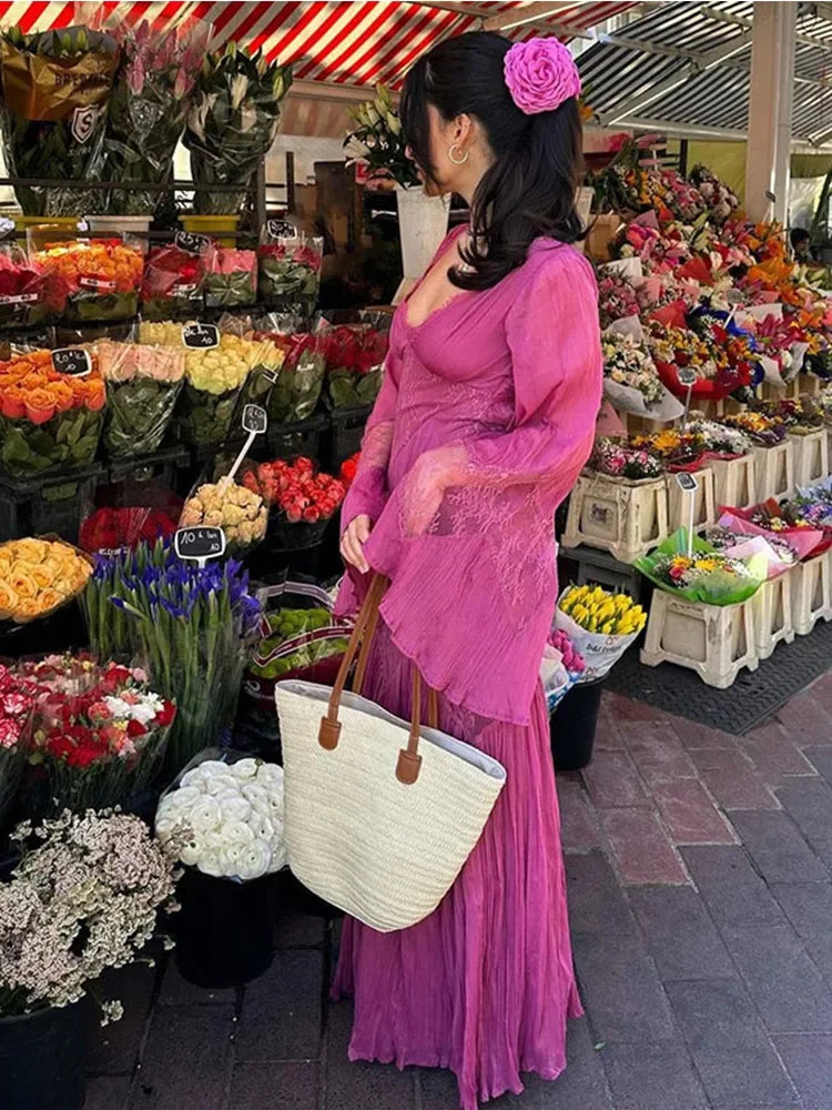 Rosa Lila Lazy Retro Elegant Mode V-Ausschnitt Exquisite Spitze Rüschen Langarm Langes Chiffon Bodenlanges Ballkleid Abendkleid Urlaub Partykleid Brautjungfernkleid nv3823