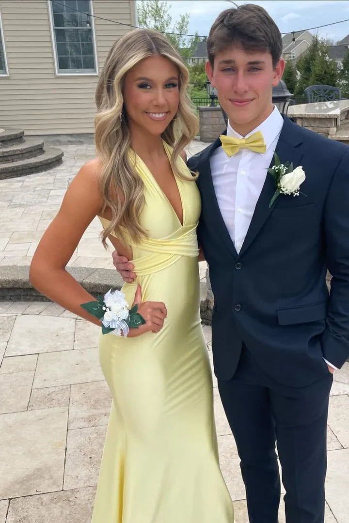 Gelb Mode Elegant V-ausschnitt Backless Lace-up Lange Meerjungfrau Satin Formale Frauen Ballkleid Abendkleid Party Kleid Prom Kleid nv3930