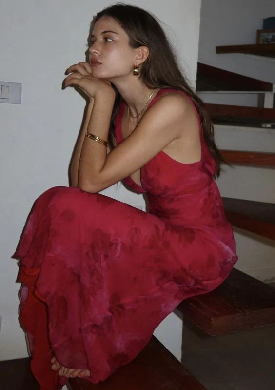 Charmantes langes Abendkleid Ballkleid aus Satin mit tiefem V-Ausschnitt und Blumenmuster nv1796