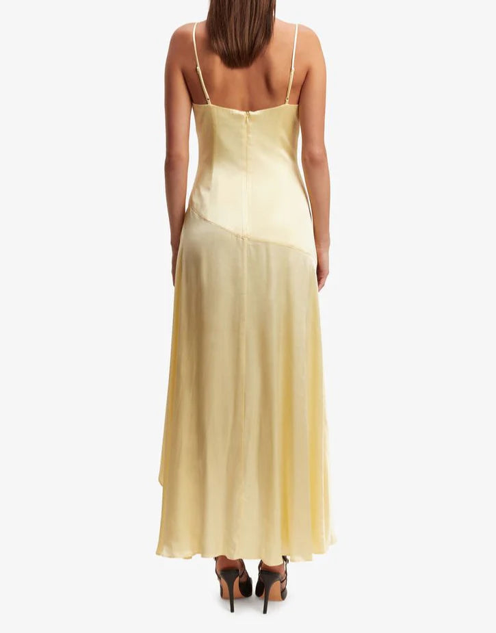 Gelbes Spaghettiträger-Rüschen-unregelmäßiger Saum, langes Ballkleid, Abendkleid, Partykleid, NV2310