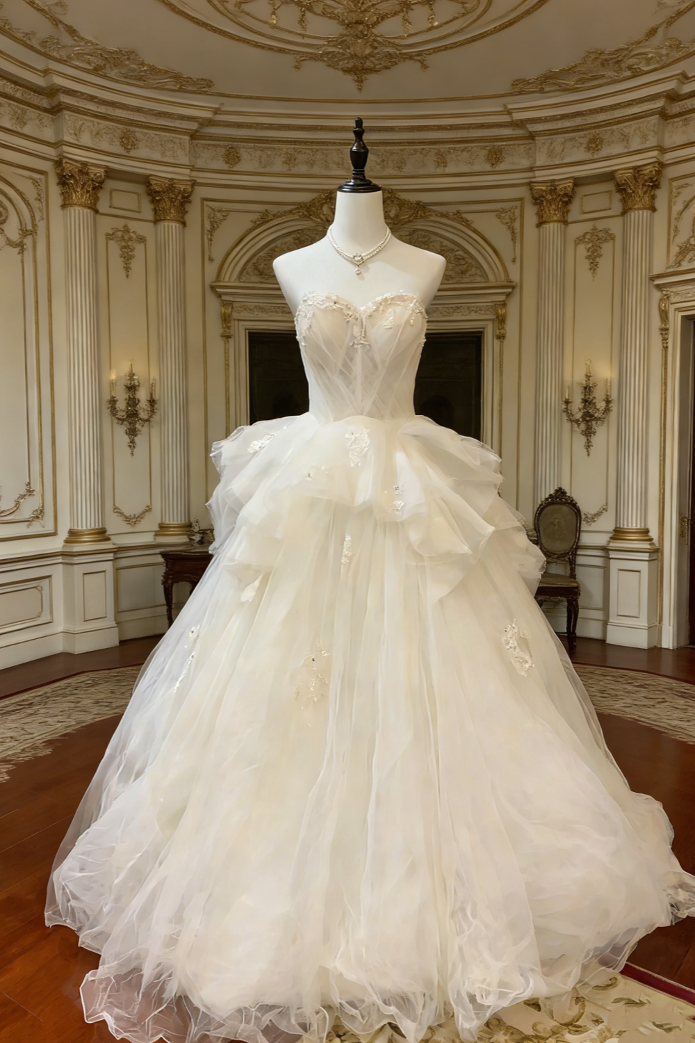 White Strapless Beaded Wedding Gown - Layered Train Ballgown Wedding/Engagement Dinner/Evening Maxi Dress NV6819