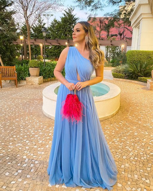 Blaues schlichtes elegantes One-Shoulder-off-the-Shoulder-langes Tüll-Ballkleid-Abendkleid-Partykleid NV2480