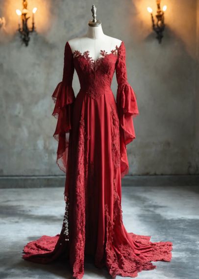 NiceVestidos-Burgundy Delicate Lace Long-Sleeved Floor-Length Prom Dress NV6118