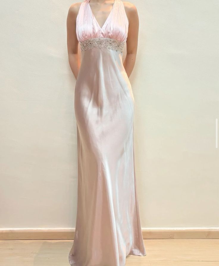 Rosa Vintage Elegante Exquisite Perlenbesatz V-Ausschnitt Langes Satin Ballkleid Abendkleid Partykleid nv3644