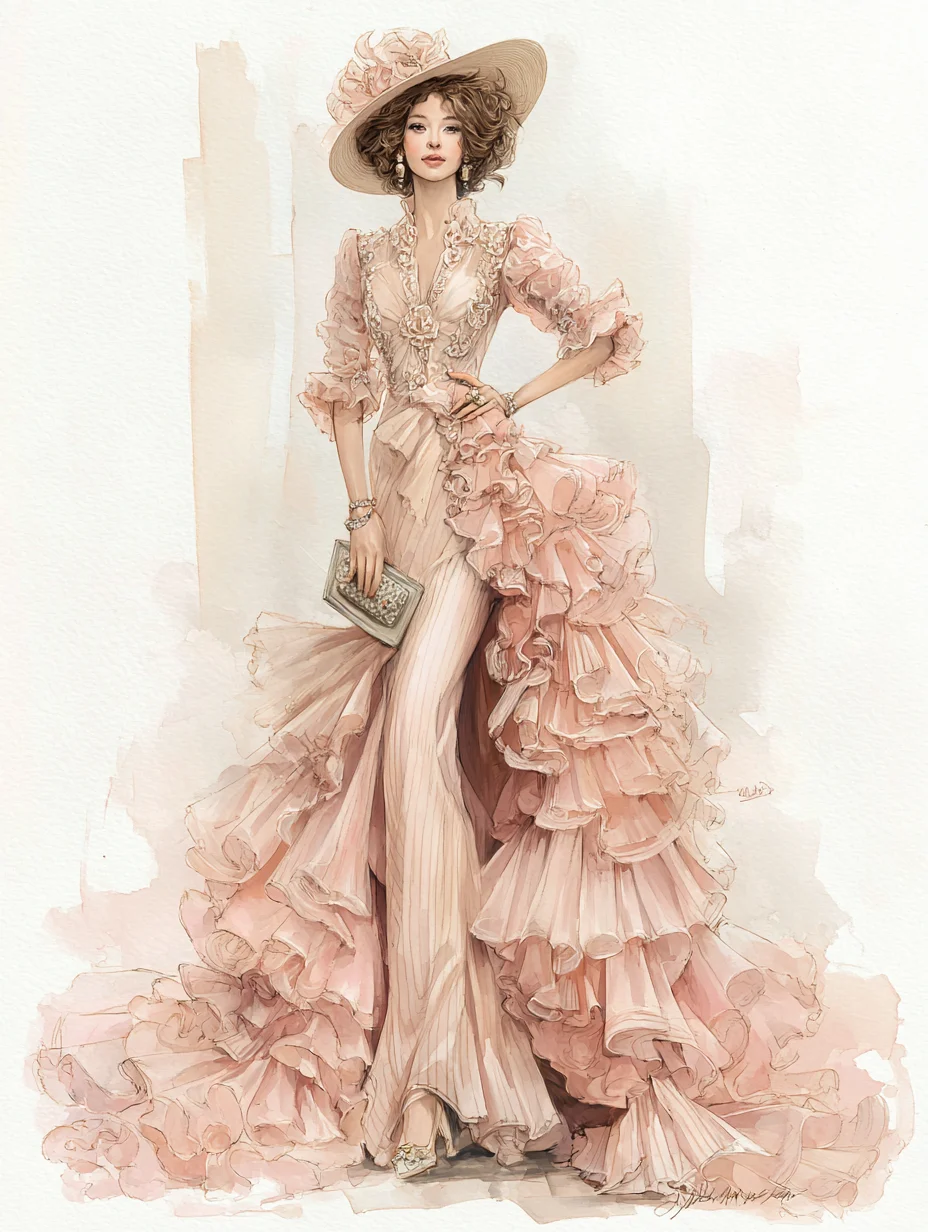 Dusty Pink Vintage Mermaid Evening Gown with 3D Flower and Ruffle Train NV7410