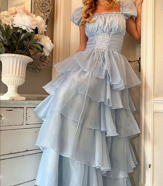 Blauer Tüll, süß, elegant, mehrlagig, lang, Ballkleid, Abendkleid, Partykleid, NV2824