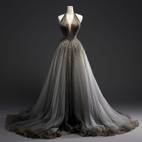 Robe longue à traîne, col halter, ornée de perles, en tulle dégradé gris-or NiceVestidos NV6218