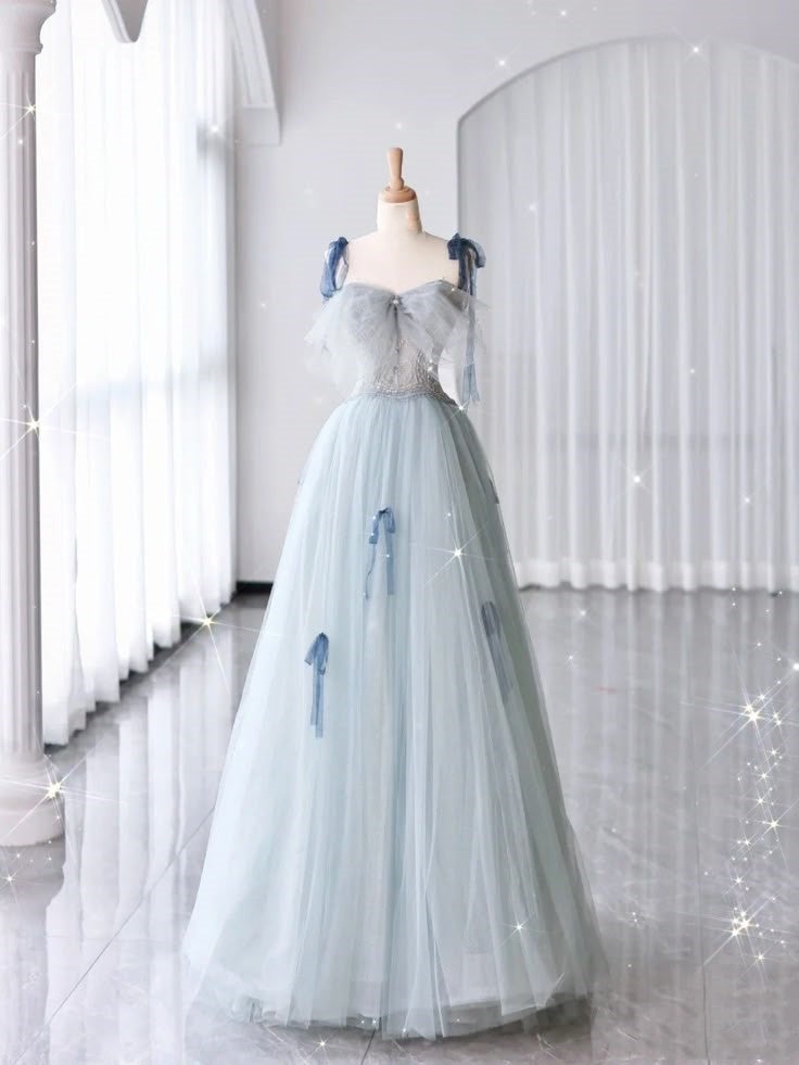 Robe de soirée longue en tulle bleu clair, élégante, décolleté en cœur, bretelles exquises, robe de bal, robe de remise de diplôme nv3786