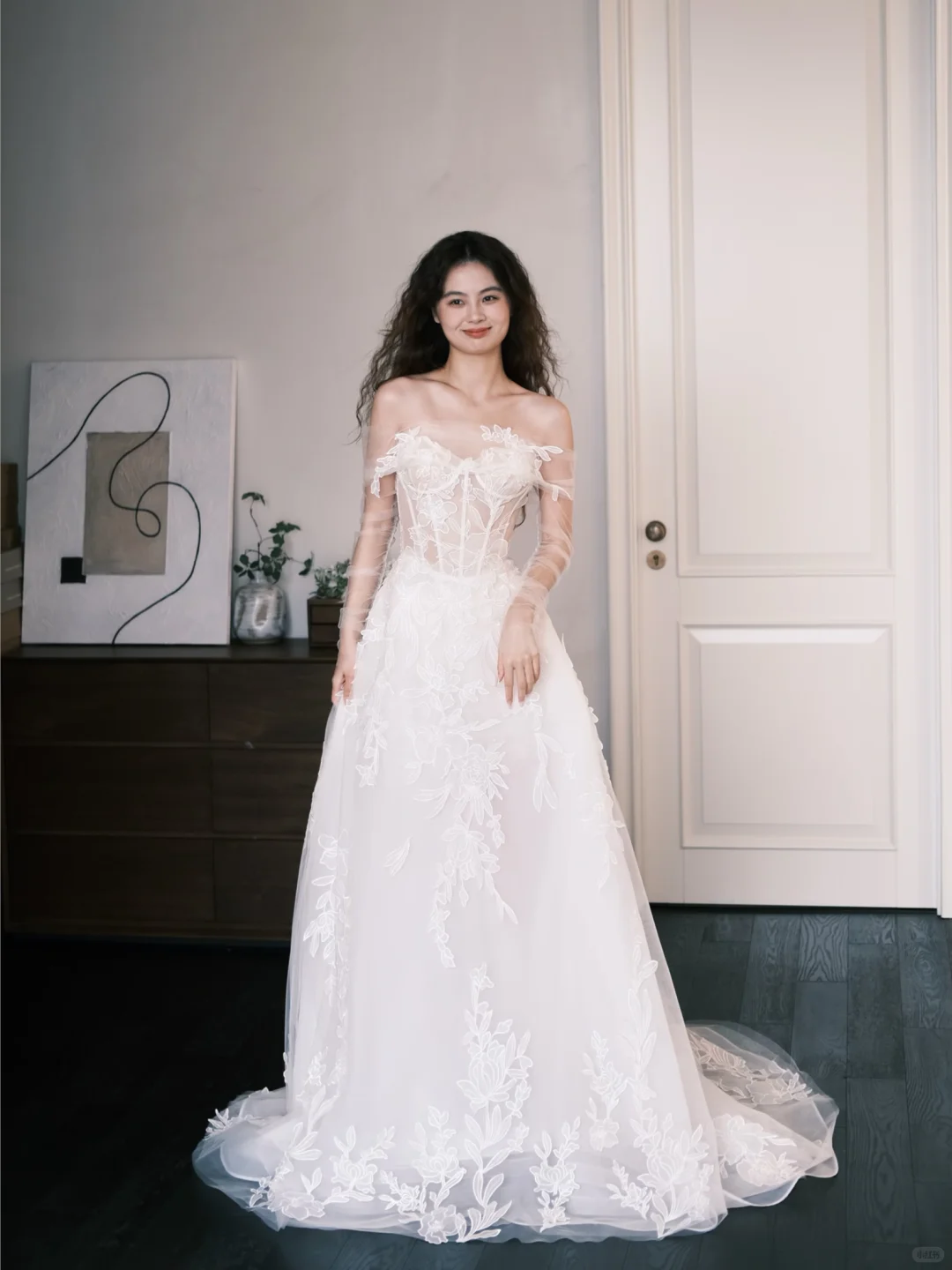Off Shoulder Sheer Boned Lace Wedding Dress with Detachable Tulle Sleeves NV7374