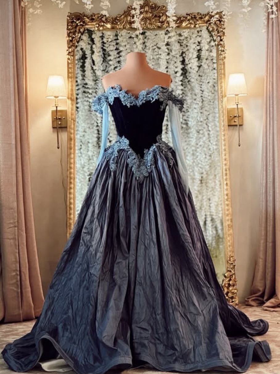 Robe de bal gothique rétro sombre en velours noir et bleu contrasté, épaules dénudées, NV6385