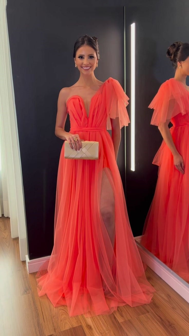 Orangerotes Abendkleid mit einer Schulter und langem Schlitz, Ballkleid, nv2981