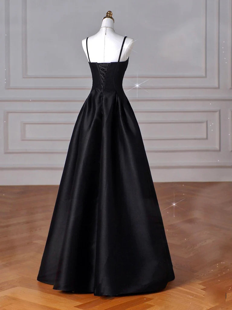 A-Linie, herzförmiger Ausschnitt, langes Satin-Ballkleid in Schwarz, langes Abendkleid in Schwarz, nv1469