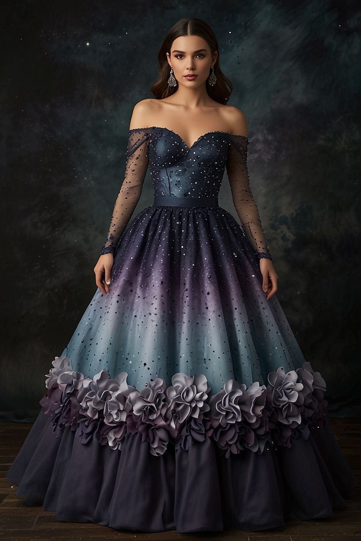 NiceVestidos – Ein langes, bodenlanges Ballkleid mit einem wunderschönen, schimmernden blau-violetten Farbverlauf und exquisiter Perlenstickerei. NV6110