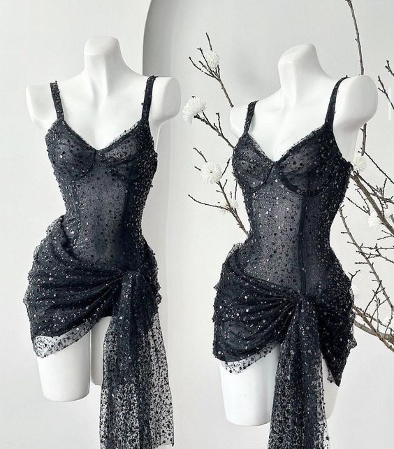 Robe de soirée courte noire à paillettes brillantes nv3024
