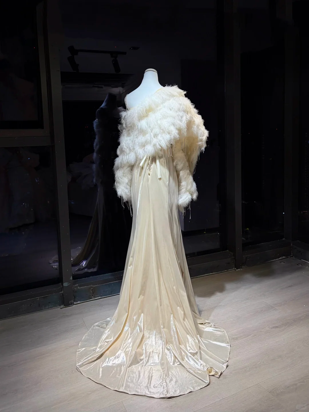 Champagne Square Neck Mermaid Evening Dress, Ruched Shiny Gown with Feather Shawl & Rhinestone Chain NV7086