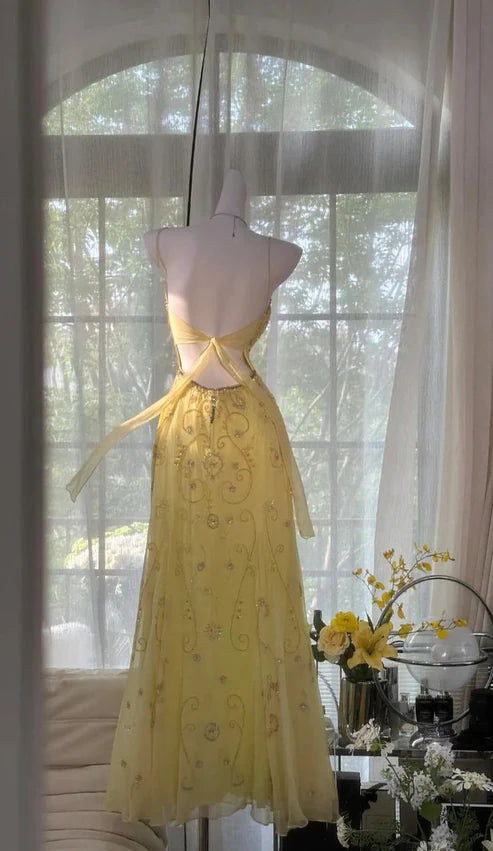 Gelbes wunderschönes Perlen-Spaghettiträger-A-Linien-Chiffon-Langballkleid-Abendkleid-Partykleid nv4229