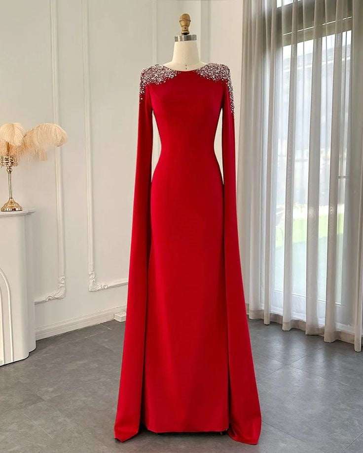Rotes schlichtes, glänzendes Strass-Abendkleid mit langen Ärmeln aus Satin, Ballkleid, NV3131