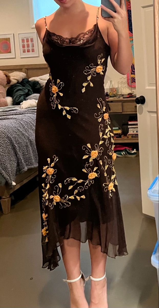 NiceVestidos -- Schwarz und gelb floral lange chiffon fee kleid homecoming kleid ballkleid abendkleid NV5722