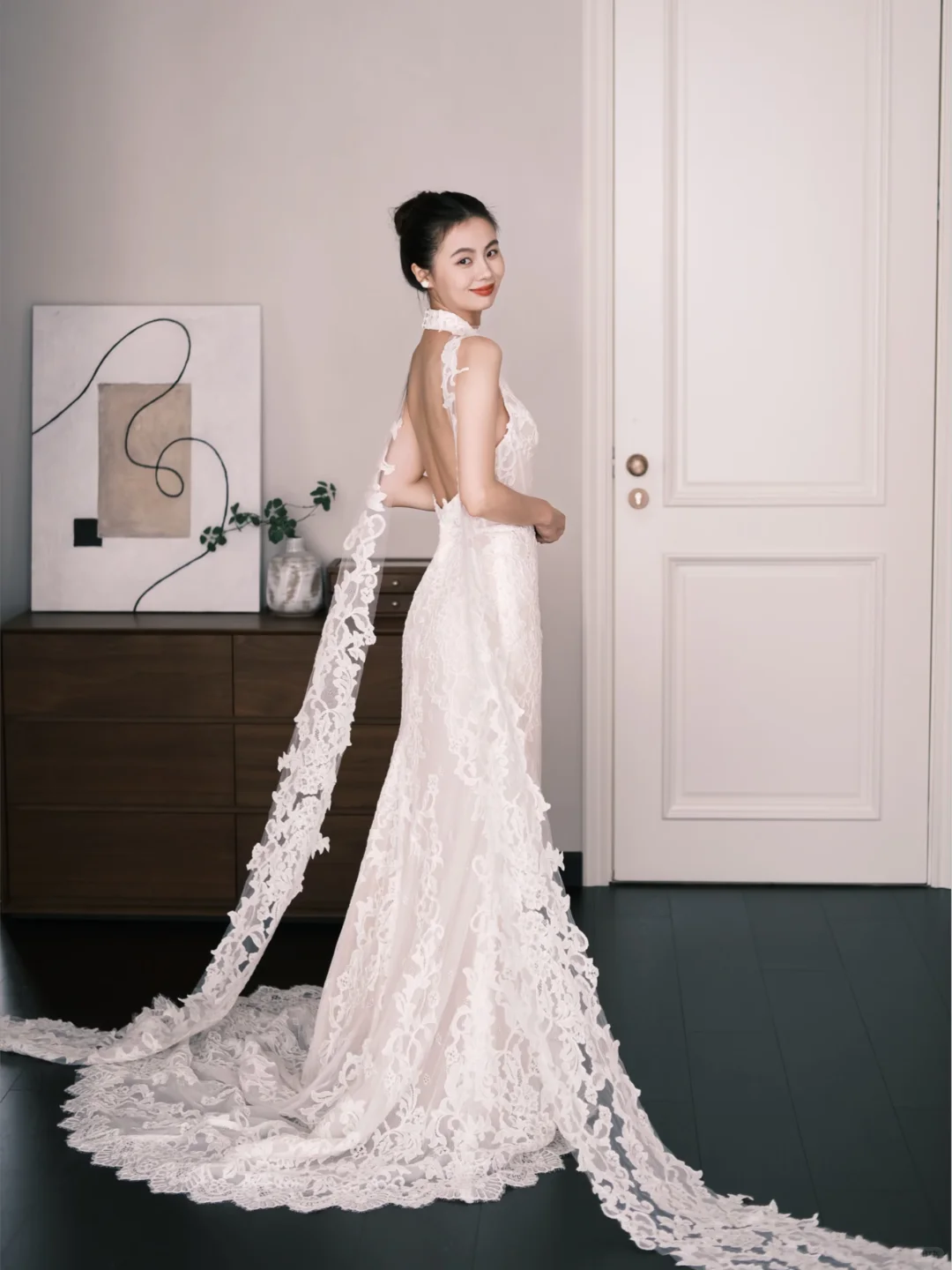 White Halter High Neck Lace Mermaid Wedding Dress NV7229