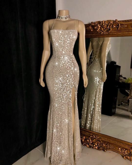 Champagner Glänzende Pailletten Schlichtes Elegantes Spaghettiträger Langes Ballkleid Abendkleid Partykleid nv2482
