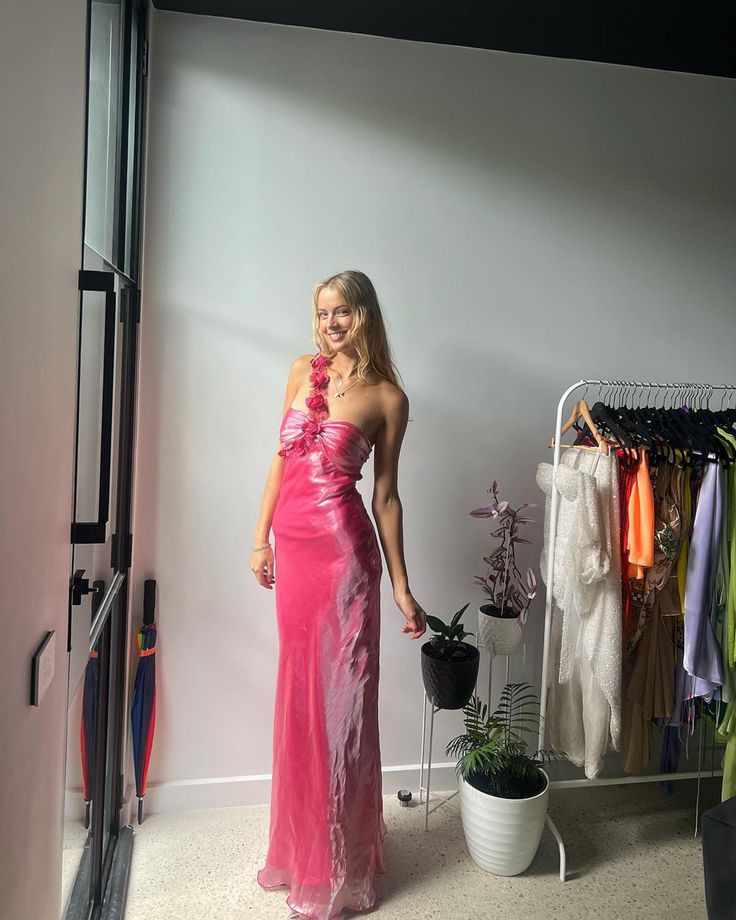 Hot pink eine Schulter dreidimensionale Blumendekoration Schultergurt langes Bankettkleid Abendkleid nv2916