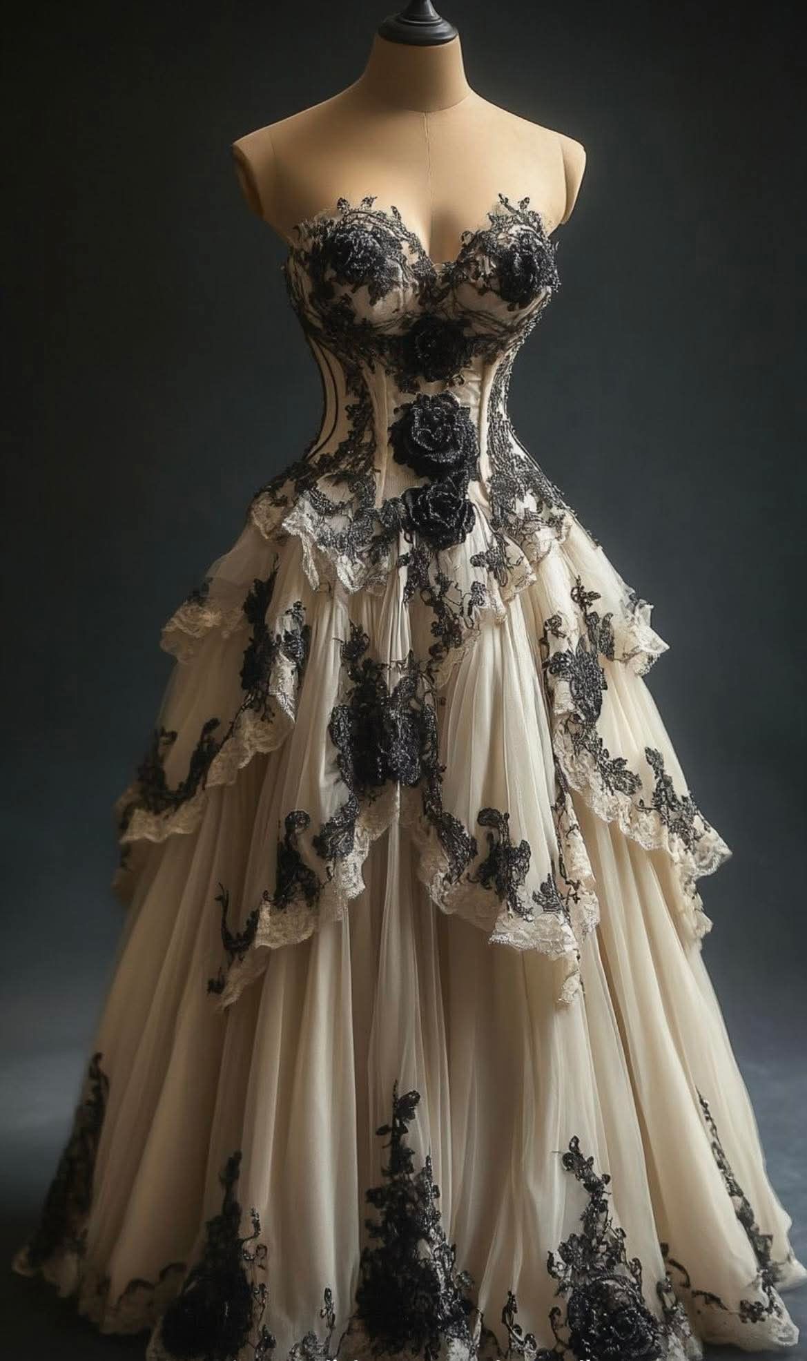 NiceVestidos-Creme-Schwarz Kontrast Tüll Trägerloses bodenlanges gotisches Abendkleid im Court-Stil mit 3D-Blumenverzierungen NV6211