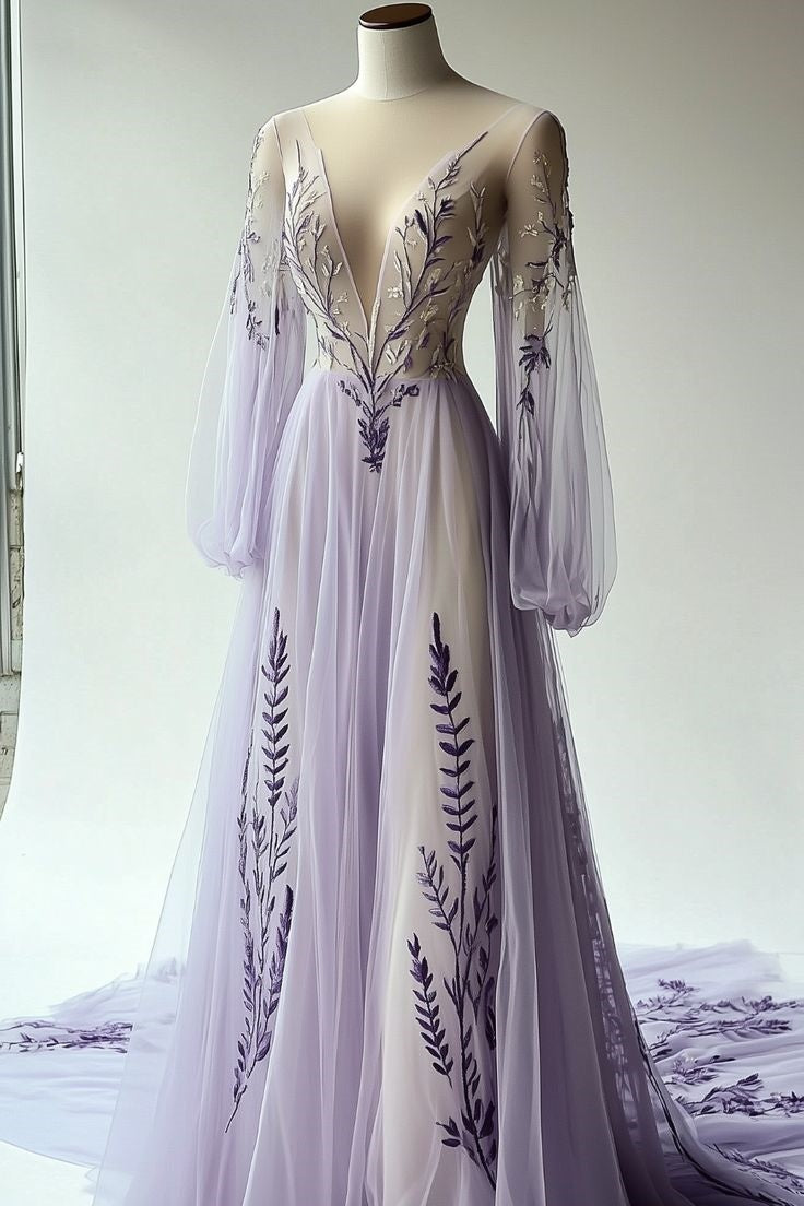 Robe de bal élégante à manches longues et motif floral violet nv4838