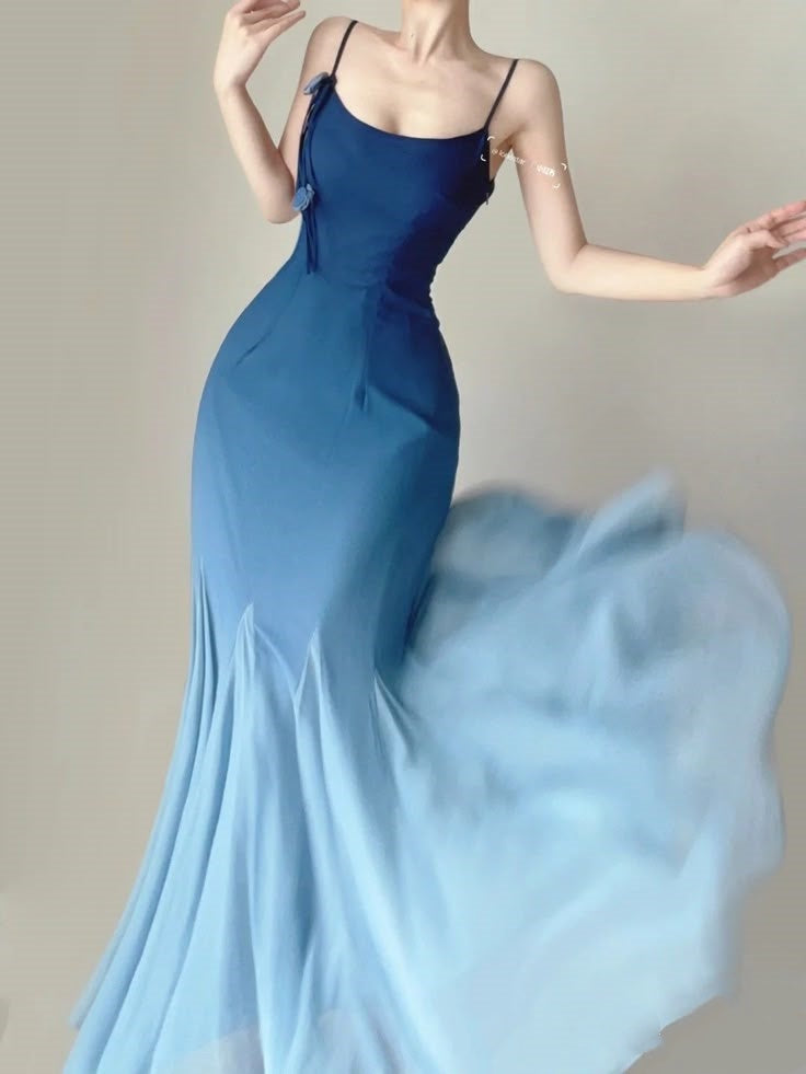 Blaues, modisches, farbverlaufsfarbenes, süßes Spaghettiträger-Lang-Satin-Chiffon-Tüll-Ballkleid, Abendkleid, Partykleid, Ballkleid, NV3896