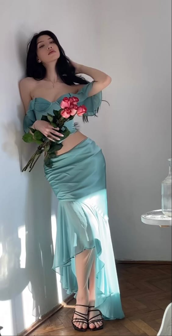 Blaues romantisches elegantes zweiteiliges langes Abendkleid Ballkleid nv2639