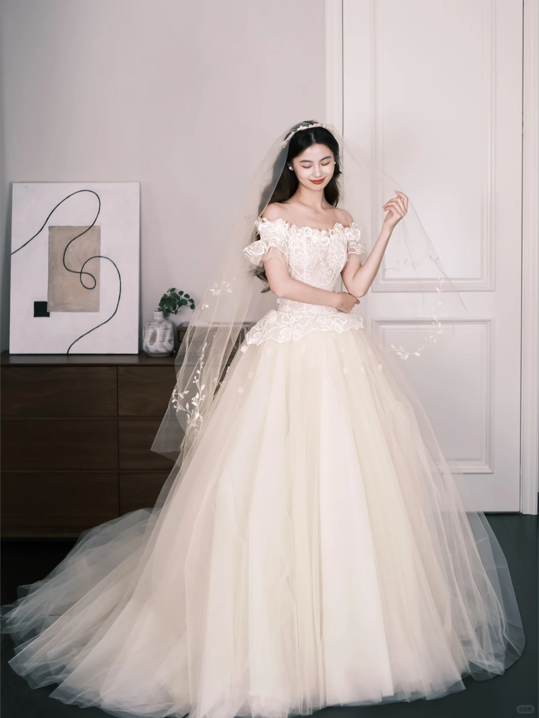 Off Shoulder Lace Tulle Ballgown Wedding Dress, Ivory Puff Sleeve Bridal Gown NV7286