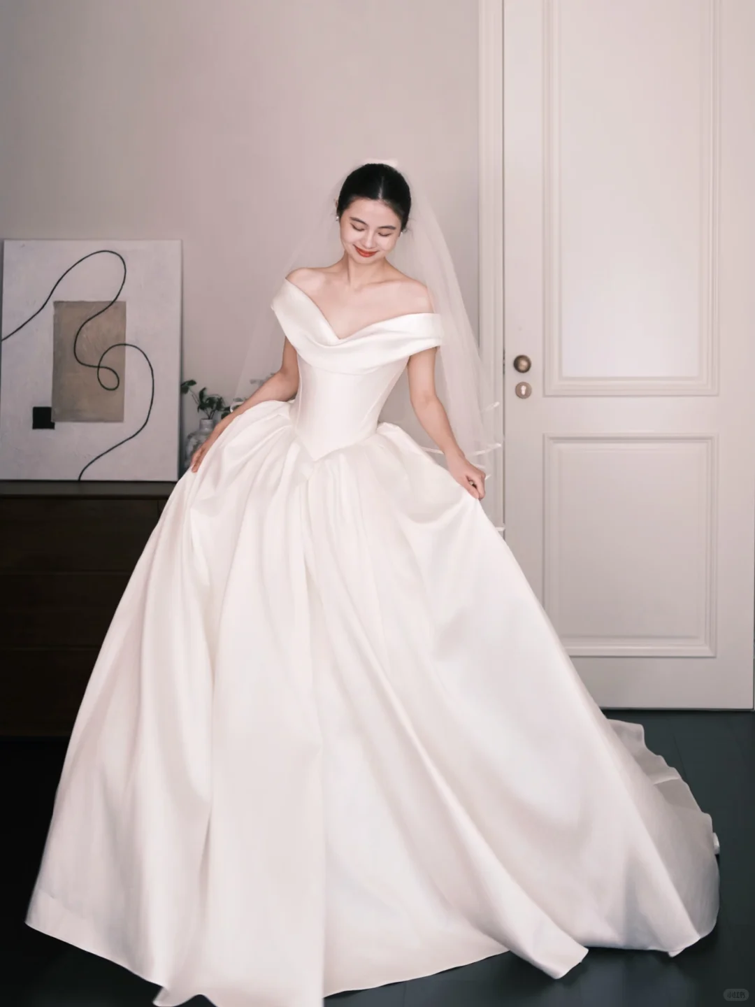 Off Shoulder Satin Ballgown Wedding Dress, Classic Simple Bridal Gown NV7335