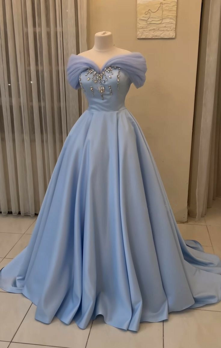 Blaues süßes elegantes A-Linien-Abendkleid mit schulterfreien Ärmeln, langes Ballkleid, Abschlussfeierkleid, nv2943