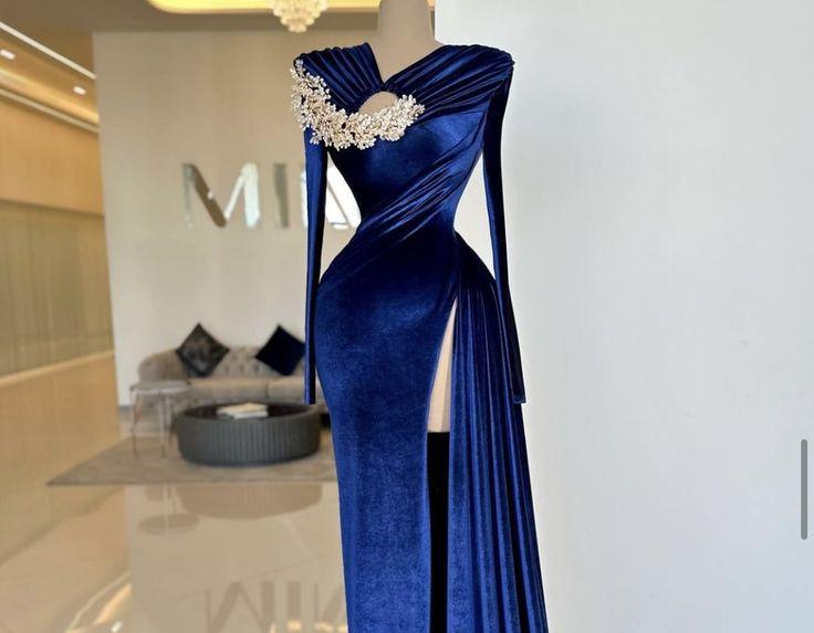 Blau strass dekoration mode elegante lange ärmel lange samt ballkleid abendkleid partykleid nv3067