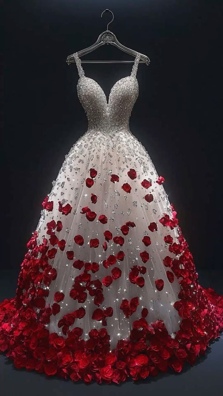 Weiß rot Blütenblatt Perlen Glitter lange Ballkleid Abendkleid Partykleid nv4911