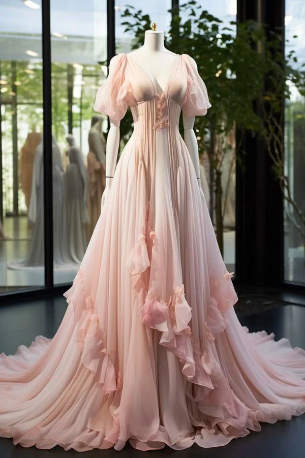 French Romantic Pink Dress: Layered Tulle, Fitted Cut, Party Fairy Dress NV6423