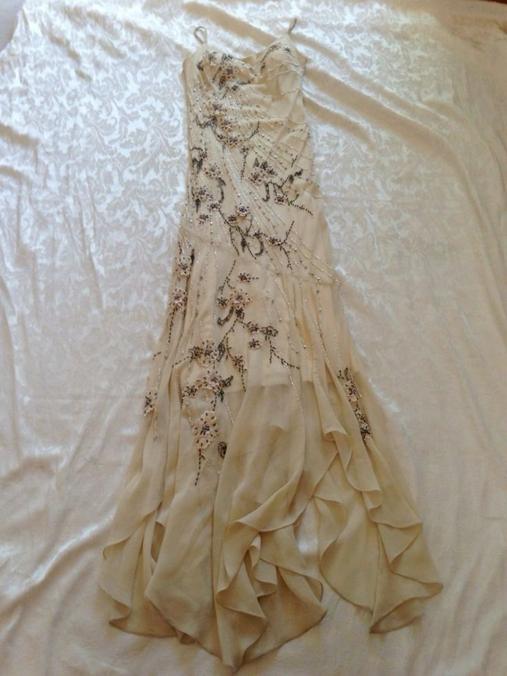 NiceVestidos--Vintage Nude Pink Hand-Beaded Ruffled Spaghetti Strap Long Gown NV5911